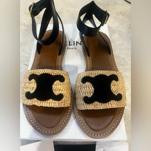 Celine NWT LYMPIA SANDAL RAFFIA & CALFSKIN BEIGE / BLACK Raffia Sandal Sze 38.5